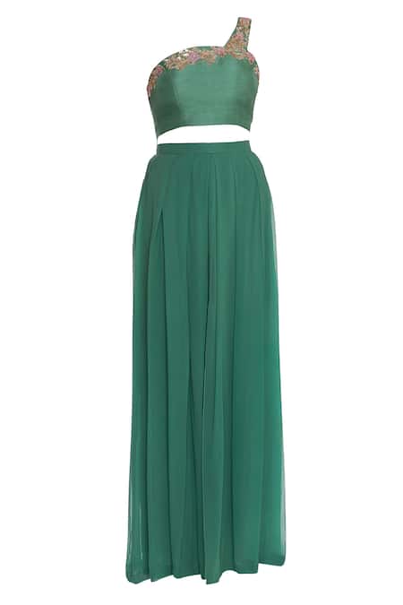 Shop_Ushma Vaidya_Green Floral Motif Crop Top Asymmetric One Embroidered Jacket And Pant Set _Online_at_Aza_Fashions