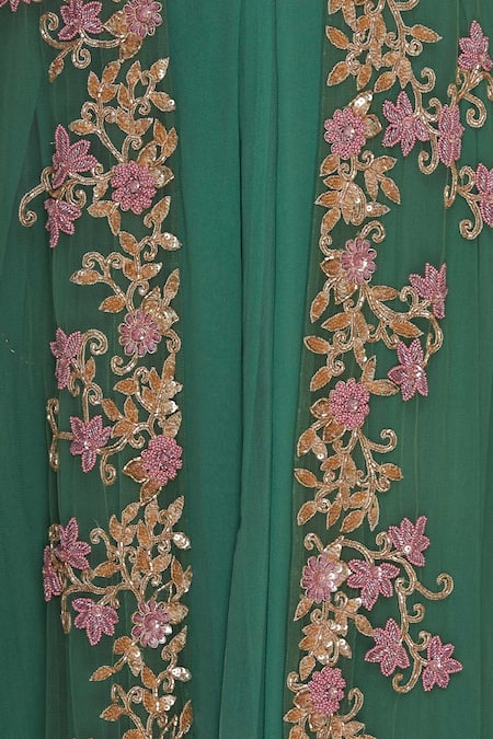 Ushma Vaidya_Green Floral Motif Crop Top Asymmetric One Embroidered Jacket And Pant Set _at_Aza_Fashions