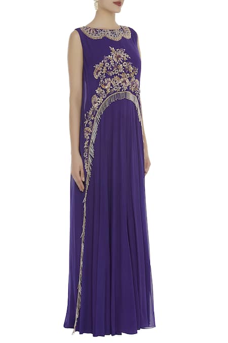 Ushma Vaidya_Purple Georgette Embroidered Boat Neck Layered Gown With Cape  _Online_at_Aza_Fashions