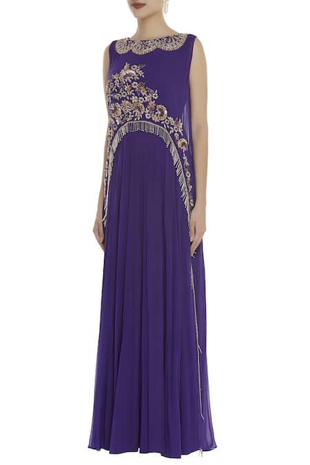 Buy_Ushma Vaidya_Purple Georgette Embroidered Boat Neck Layered Gown With Cape  _Online_at_Aza_Fashions