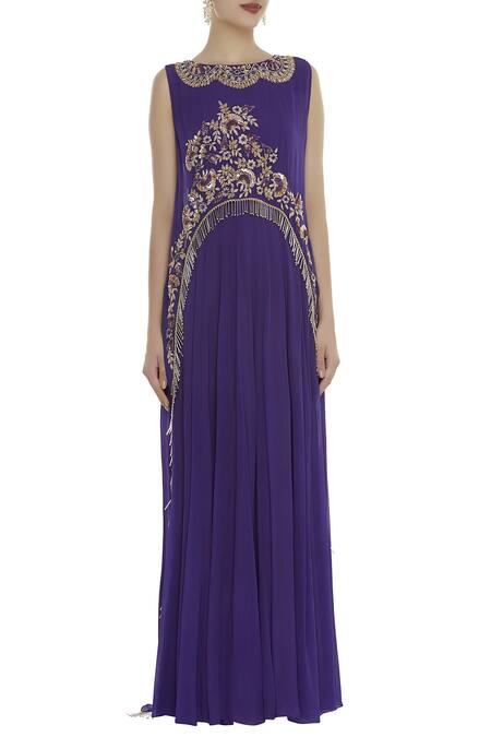 Shop_Ushma Vaidya_Purple Georgette Embroidered Boat Neck Layered Gown With Cape  _Online_at_Aza_Fashions