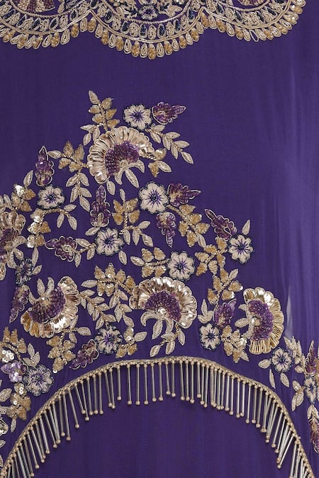 Ushma Vaidya_Purple Georgette Embroidered Boat Neck Layered Gown With Cape  _at_Aza_Fashions