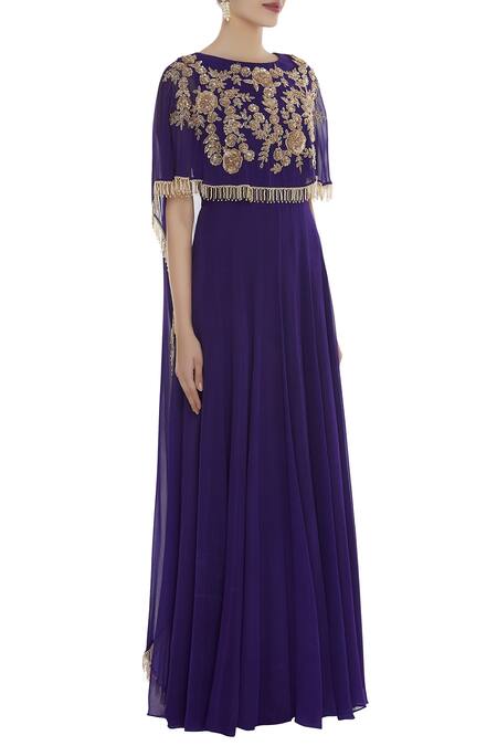 Ushma Vaidya_Purple Georgette Embroidered Boat Neck Layered Gown With Cape  _Online_at_Aza_Fashions