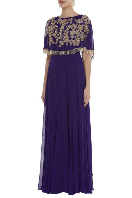 Buy_Ushma Vaidya_Purple Georgette Embroidered Boat Neck Layered Gown With Cape  _Online_at_Aza_Fashions