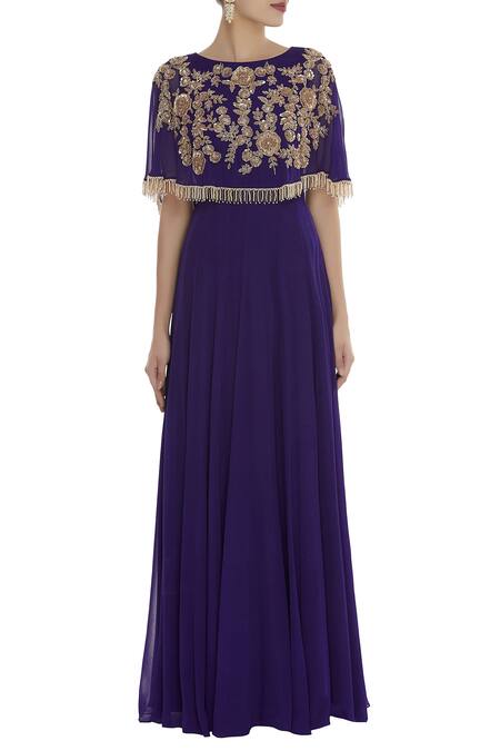 Shop_Ushma Vaidya_Purple Georgette Embroidered Boat Neck Layered Gown With Cape  _Online_at_Aza_Fashions