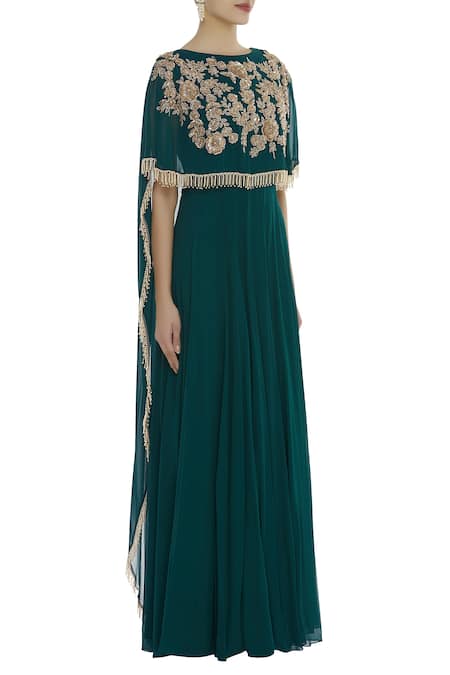 Ushma Vaidya_Green Georgette Boat Neck Embroidered Cape Gown _Online_at_Aza_Fashions