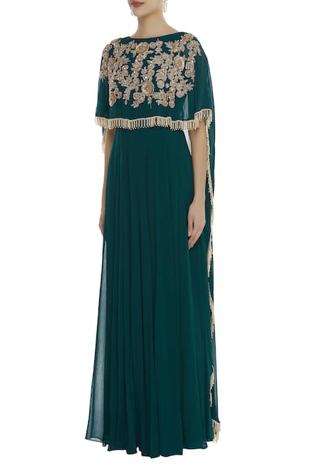 Buy_Ushma Vaidya_Green Georgette Boat Neck Embroidered Cape Gown _Online_at_Aza_Fashions