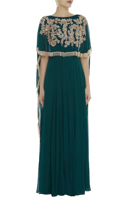 Shop_Ushma Vaidya_Green Georgette Boat Neck Embroidered Cape Gown _Online_at_Aza_Fashions