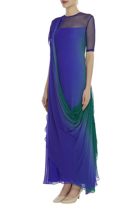 Buy_Ushma Vaidya_Blue Satin Gerogette Embroidered Plain Round Draped Sheer Neck Dress  _Online_at_Aza_Fashions