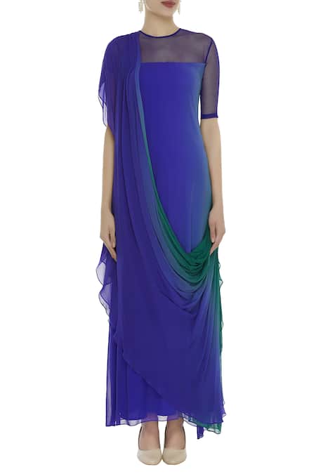 Shop_Ushma Vaidya_Blue Satin Gerogette Embroidered Plain Round Draped Sheer Neck Dress  _Online_at_Aza_Fashions