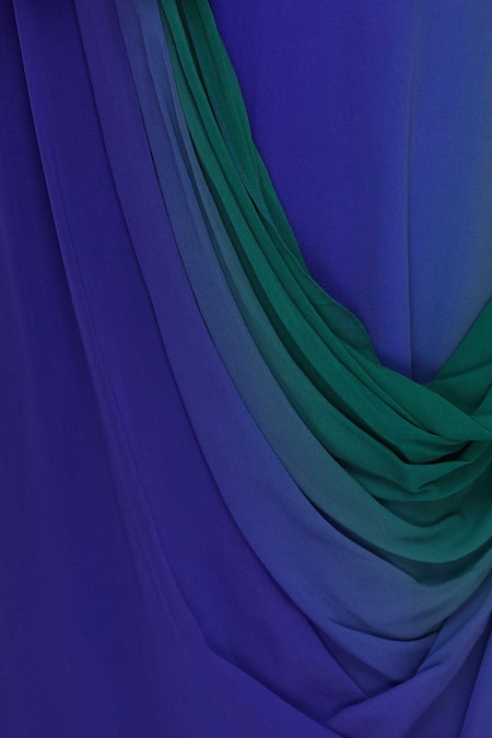 Ushma Vaidya_Blue Satin Gerogette Embroidered Plain Round Draped Sheer Neck Dress  _at_Aza_Fashions