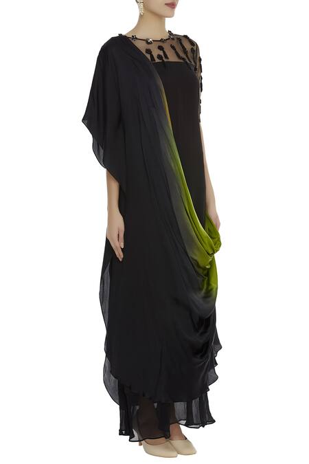 Ushma Vaidya Black Satin Georgette Embroidered Round Draped Tunic Online at Aza Fashions Ushma Vaidya_Black Satin Georgette Embroidered Round Draped Tunic _Online_at_Aza_Fashions