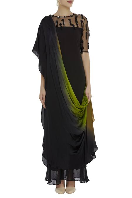 Shop Ushma Vaidya Black Satin Georgette Embroidered Round Draped Tunic Online at Aza Fashions Shop_Ushma Vaidya_Black Satin Georgette Embroidered Round Draped Tunic _Online_at_Aza_Fashions