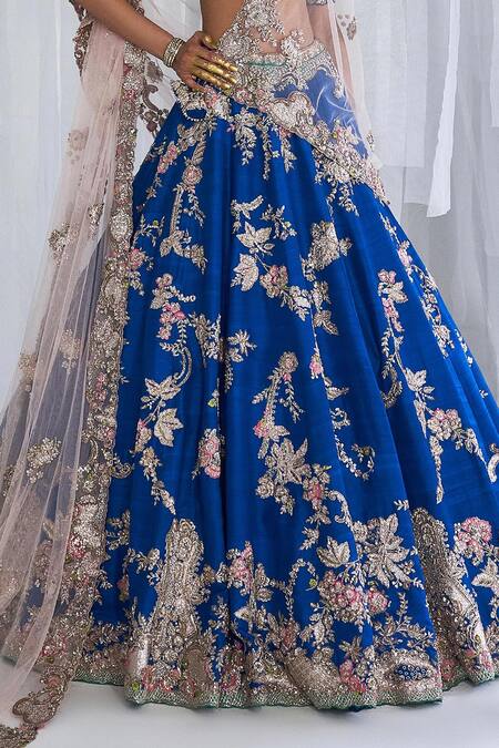 Dolly J_Blue Silk, Net Embroidery, Tassels V-neck Daffodil Raw Bridal Lehenga Set _Online_at_Aza_Fashions