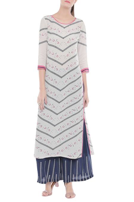 Soup By Sougat Paul_Blue Crepe Floral Motifs Round Neck Print Kurta And Palazzo Set _Online_at_Aza_Fashions