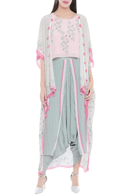 Soup By Sougat Paul Off White Crepe Printed Crop Top Round, Jacket Open And Dhoti Pants 