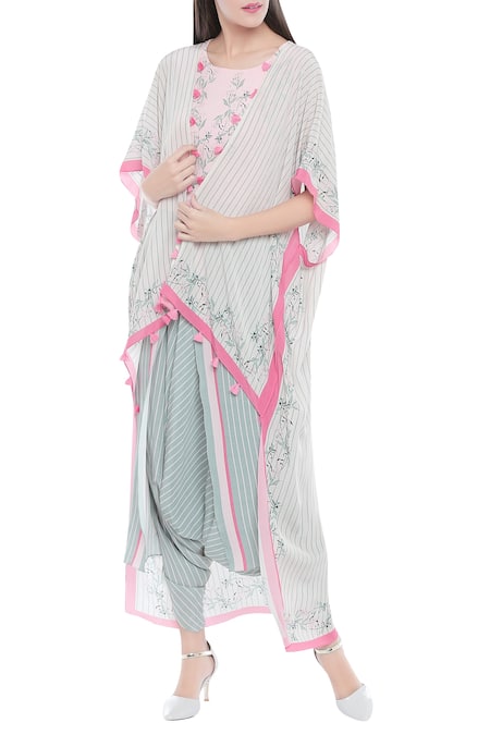 Soup By Sougat Paul_Off White Crepe Printed Crop Top Round, Jacket Open And Dhoti Pants _Online_at_Aza_Fashions