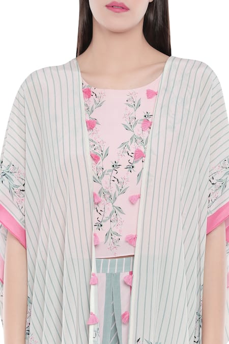 Buy_Soup By Sougat Paul_Off White Crepe Printed Crop Top Round, Jacket Open And Dhoti Pants _Online_at_Aza_Fashions