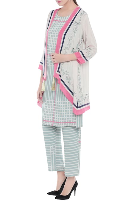 Soup By Sougat Paul_Blue Crepe Kurta Round Cape Open Printed And Pant Set _Online_at_Aza_Fashions