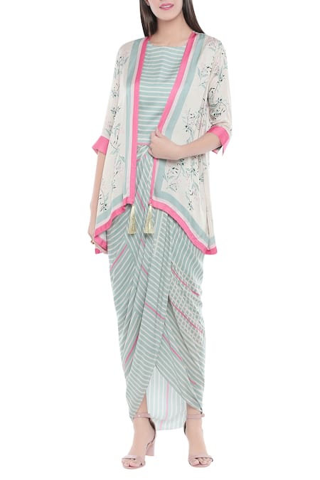 Soup By Sougat Paul Grey Crepe Floral Motifs, Stripes Dress Round Neck Draped With Jacket 