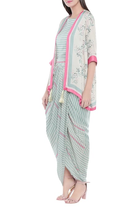 Soup By Sougat Paul_Grey Crepe Floral Motifs, Stripes Dress Round Neck Draped With Jacket _Online_at_Aza_Fashions