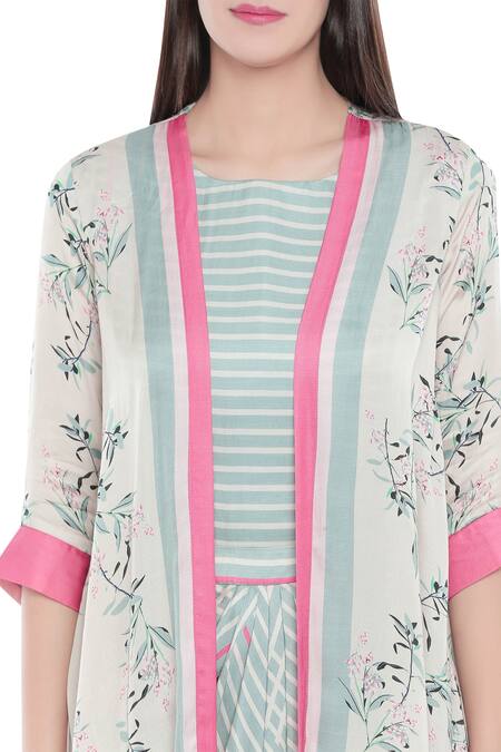 Buy_Soup By Sougat Paul_Grey Crepe Floral Motifs, Stripes Dress Round Neck Draped With Jacket _Online_at_Aza_Fashions