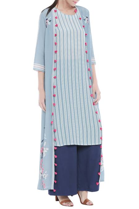 Soup By Sougat Paul_Blue Crepe Floral, Striped Round Neck Printed Jacket And Kurta Set _Online_at_Aza_Fashions