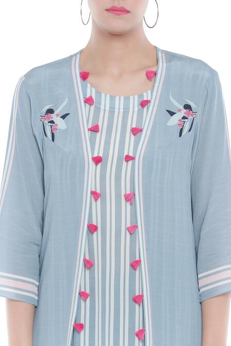 Buy_Soup By Sougat Paul_Blue Crepe Floral, Striped Round Neck Printed Jacket And Kurta Set _Online_at_Aza_Fashions