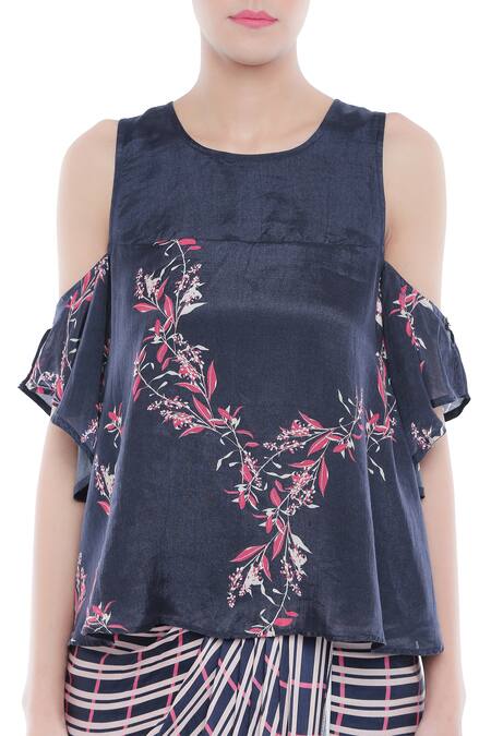 Buy_Soup By Sougat Paul_Blue Crepe Floral, Striped Round Neck Printed Draped Skirt Set _Online_at_Aza_Fashions