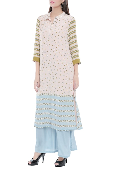 Soup By Sougat Paul_Blue Crepe Floral, Geometric Shirt Collar Printed Kurta And Palazzo Set _Online_at_Aza_Fashions