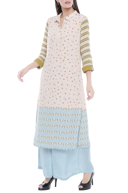 Buy_Soup By Sougat Paul_Blue Crepe Floral, Geometric Shirt Collar Printed Kurta And Palazzo Set _Online_at_Aza_Fashions