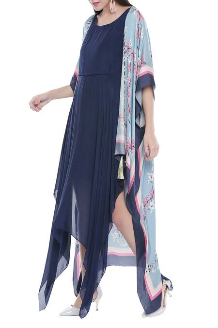 Soup By Sougat Paul Blue Satin Blend Thread, Motif Notched Asymmetrical Dress With Cape Online at Aza Fashions Soup By Sougat Paul_Blue Satin Blend Thread, Motif Notched Asymmetrical Dress With Cape _Online_at_Aza_Fashions