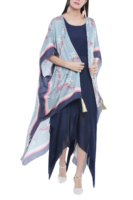 Buy Soup By Sougat Paul Blue Satin Blend Thread, Motif Notched Asymmetrical Dress With Cape Online at Aza Fashions Buy_Soup By Sougat Paul_Blue Satin Blend Thread, Motif Notched Asymmetrical Dress With Cape _Online_at_Aza_Fashions