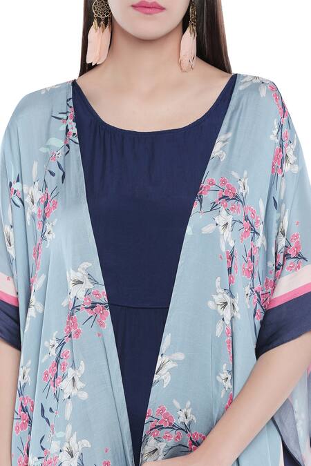 Shop Soup By Sougat Paul Blue Satin Blend Thread, Motif Notched Asymmetrical Dress With Cape Online at Aza Fashions Shop_Soup By Sougat Paul_Blue Satin Blend Thread, Motif Notched Asymmetrical Dress With Cape _Online_at_Aza_Fashions