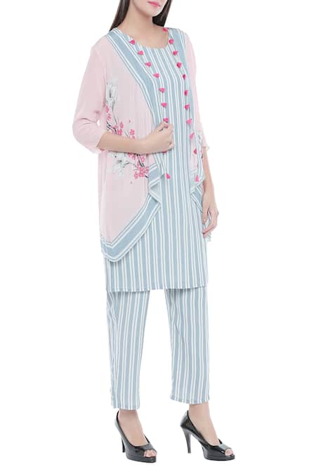 Soup By Sougat Paul Blue Crepe Floral, Striped Round Neck Printed Jacket And Kurta Set 