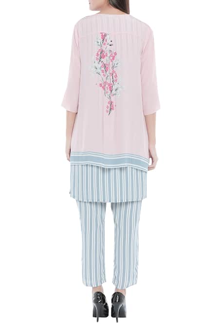 Shop Soup By Sougat Paul Blue Crepe Floral, Striped Round Neck Printed Jacket And Kurta Set at Aza Fashions Shop_Soup By Sougat Paul_Blue Crepe Floral, Striped Round Neck Printed Jacket And Kurta Set _at_Aza_Fashions