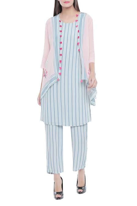 Soup By Sougat Paul Blue Crepe Floral, Striped Round Neck Printed Jacket And Kurta Set Online at Aza Fashions Soup By Sougat Paul_Blue Crepe Floral, Striped Round Neck Printed Jacket And Kurta Set _Online_at_Aza_Fashions
