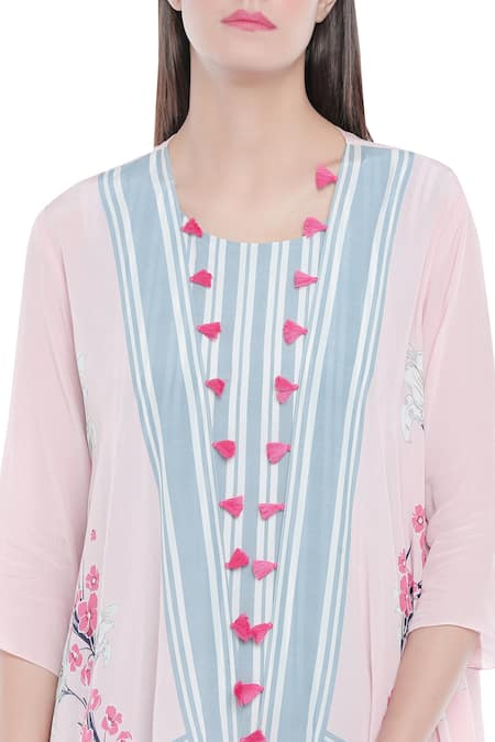 Shop Soup By Sougat Paul Blue Crepe Floral, Striped Round Neck Printed Jacket And Kurta Set Online at Aza Fashions Shop_Soup By Sougat Paul_Blue Crepe Floral, Striped Round Neck Printed Jacket And Kurta Set _Online_at_Aza_Fashions