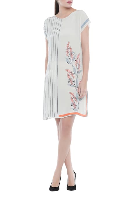 Soup By Sougat Paul Off White Crepe Floral Motifs, Stripes Round Neck Printed Dress Online at Aza Fashions Soup By Sougat Paul_Off White Crepe Floral Motifs, Stripes Round Neck Printed Dress _Online_at_Aza_Fashions