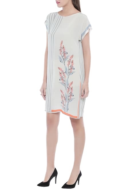 Buy Soup By Sougat Paul Off White Crepe Floral Motifs, Stripes Round Neck Printed Dress Online at Aza Fashions Buy_Soup By Sougat Paul_Off White Crepe Floral Motifs, Stripes Round Neck Printed Dress _Online_at_Aza_Fashions