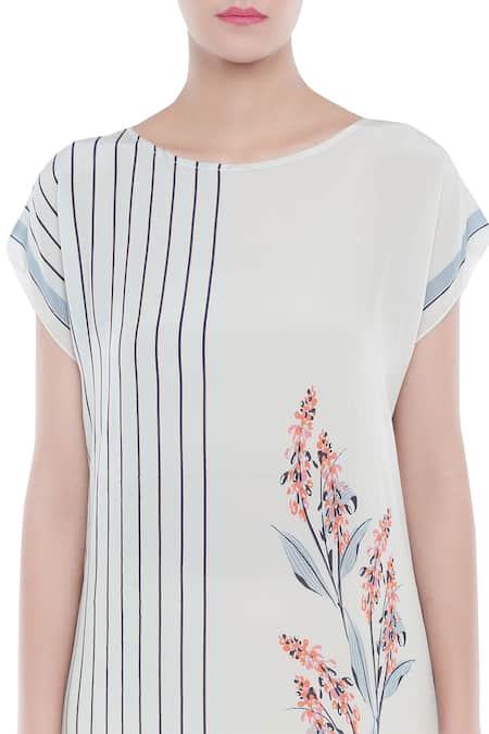 Shop Soup By Sougat Paul Off White Crepe Floral Motifs, Stripes Round Neck Printed Dress Online at Aza Fashions Shop_Soup By Sougat Paul_Off White Crepe Floral Motifs, Stripes Round Neck Printed Dress _Online_at_Aza_Fashions