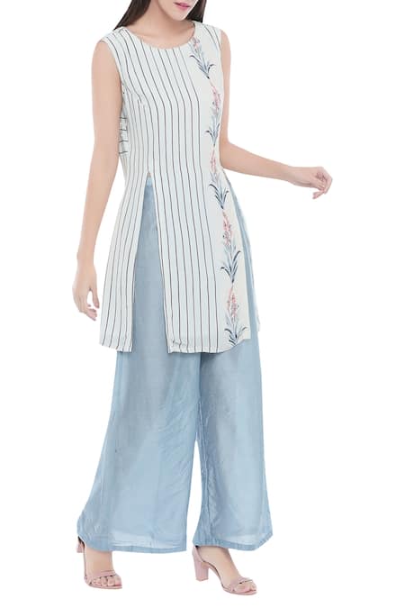 Soup By Sougat Paul_Blue Crepe Floral, Striped Round Neck Printed Kurta And Palazzo Set _Online_at_Aza_Fashions