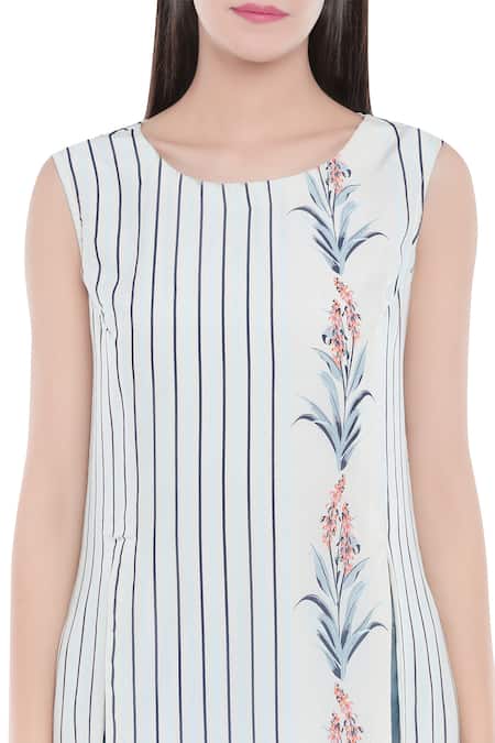 Shop_Soup By Sougat Paul_Blue Crepe Floral, Striped Round Neck Printed Kurta And Palazzo Set _Online_at_Aza_Fashions