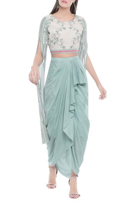 Soup By Sougat Paul Blue Crepe Floral, Striped Round Neck Printed Skirt Set Online at Aza Fashions Soup By Sougat Paul_Blue Crepe Floral, Striped Round Neck Printed Skirt Set _Online_at_Aza_Fashions