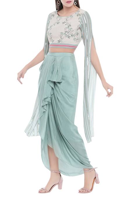 Buy Soup By Sougat Paul Blue Crepe Floral, Striped Round Neck Printed Skirt Set Online at Aza Fashions Buy_Soup By Sougat Paul_Blue Crepe Floral, Striped Round Neck Printed Skirt Set _Online_at_Aza_Fashions