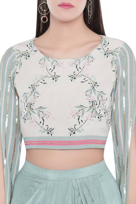 Shop Soup By Sougat Paul Blue Crepe Floral, Striped Round Neck Printed Skirt Set Online at Aza Fashions Shop_Soup By Sougat Paul_Blue Crepe Floral, Striped Round Neck Printed Skirt Set _Online_at_Aza_Fashions