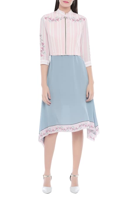 Soup By Sougat Paul Blue Crepe Floral Motifs, Stripes Mandarin Collar Printed Dress With Jacket 