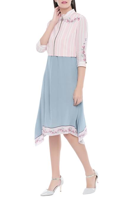 Soup By Sougat Paul_Blue Crepe Floral Motifs, Stripes Mandarin Collar Printed Dress With Jacket _Online_at_Aza_Fashions