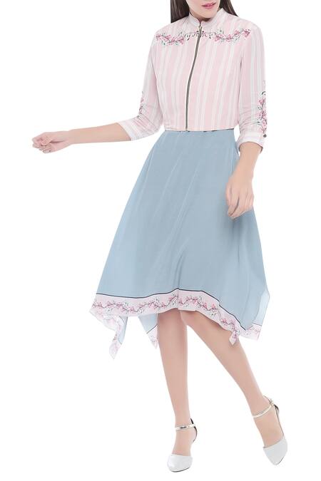 Buy_Soup By Sougat Paul_Blue Crepe Floral Motifs, Stripes Mandarin Collar Printed Dress With Jacket _Online_at_Aza_Fashions