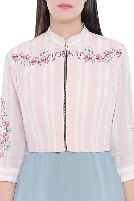 Shop_Soup By Sougat Paul_Blue Crepe Floral Motifs, Stripes Mandarin Collar Printed Dress With Jacket _Online_at_Aza_Fashions